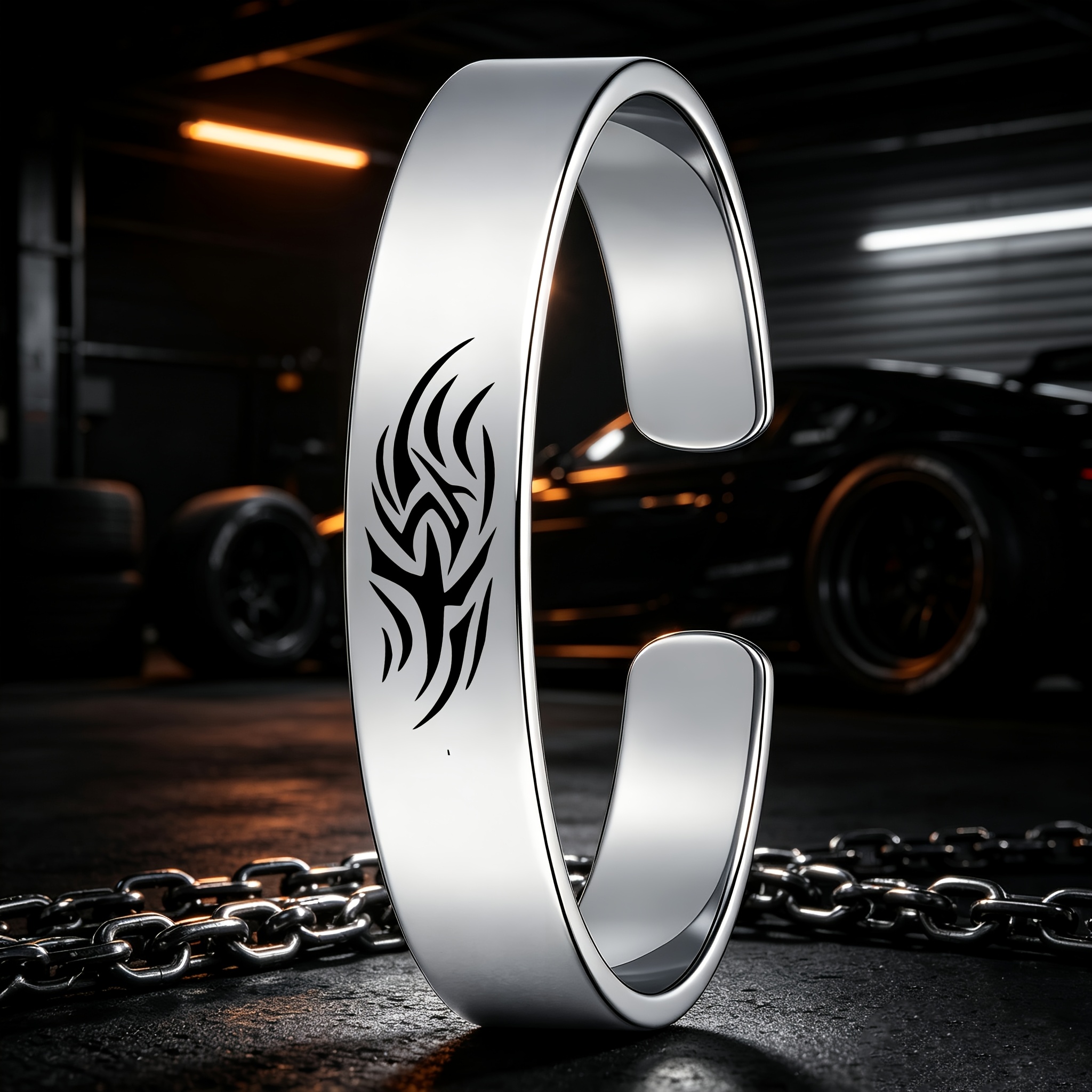 Tribal Thistle Totem Design Stainless Steel Open Bangle, Unisex Gift